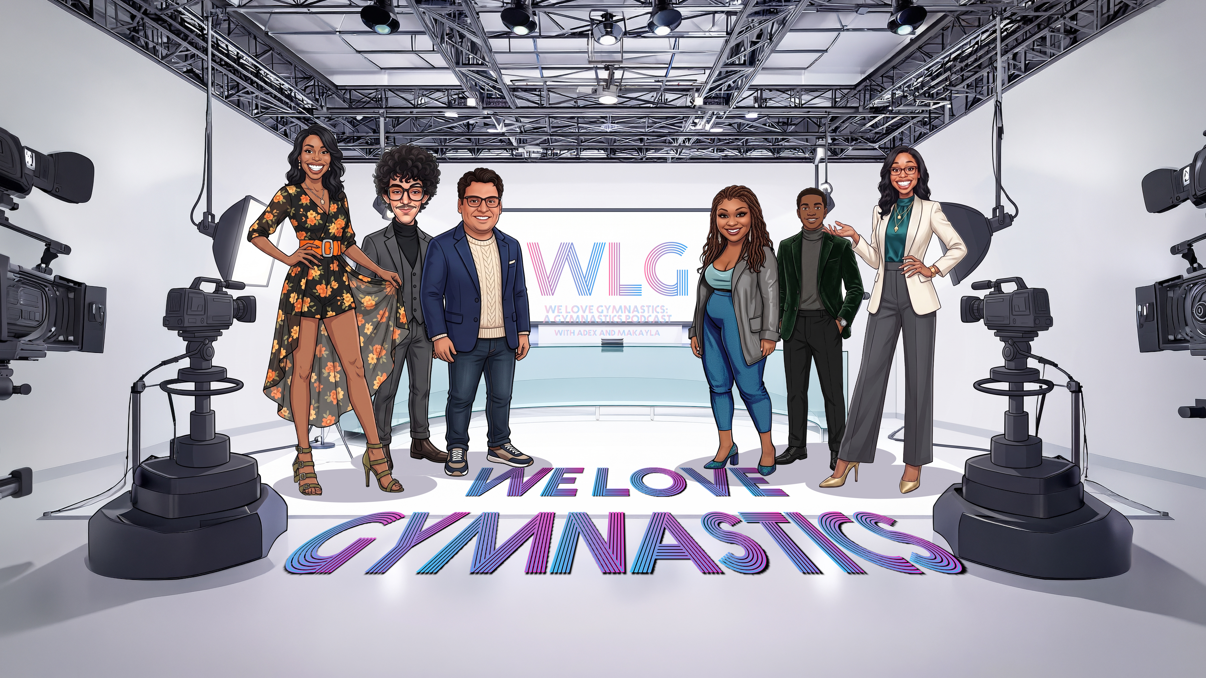 The illustrated We Love Gymnastics crew together in the studio
